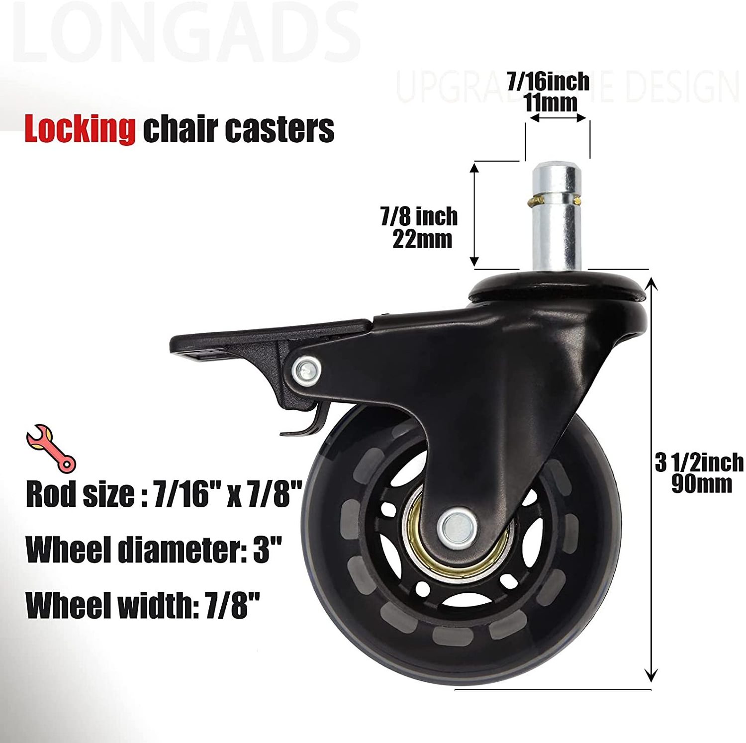 VIMA 3 Inch Swivel Office Chair Wheels Threaded Brake Castor Transparent Polyurethane PU Locking Stem Casters