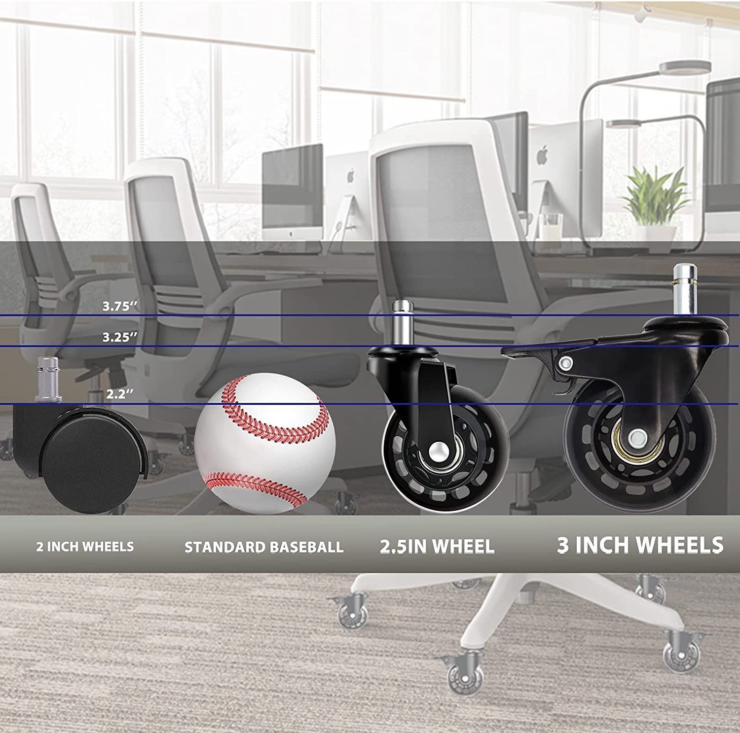 VIMA 3 Inch Swivel Office Chair Wheels Threaded Brake Castor Transparent Polyurethane PU Locking Stem Casters