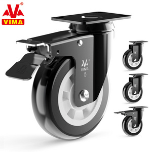 Heavy Duty Plate Castor Wheels 5 Inch PU No Noise Premium Polyurethane Double Ball Bearing Steels Workbench Caster