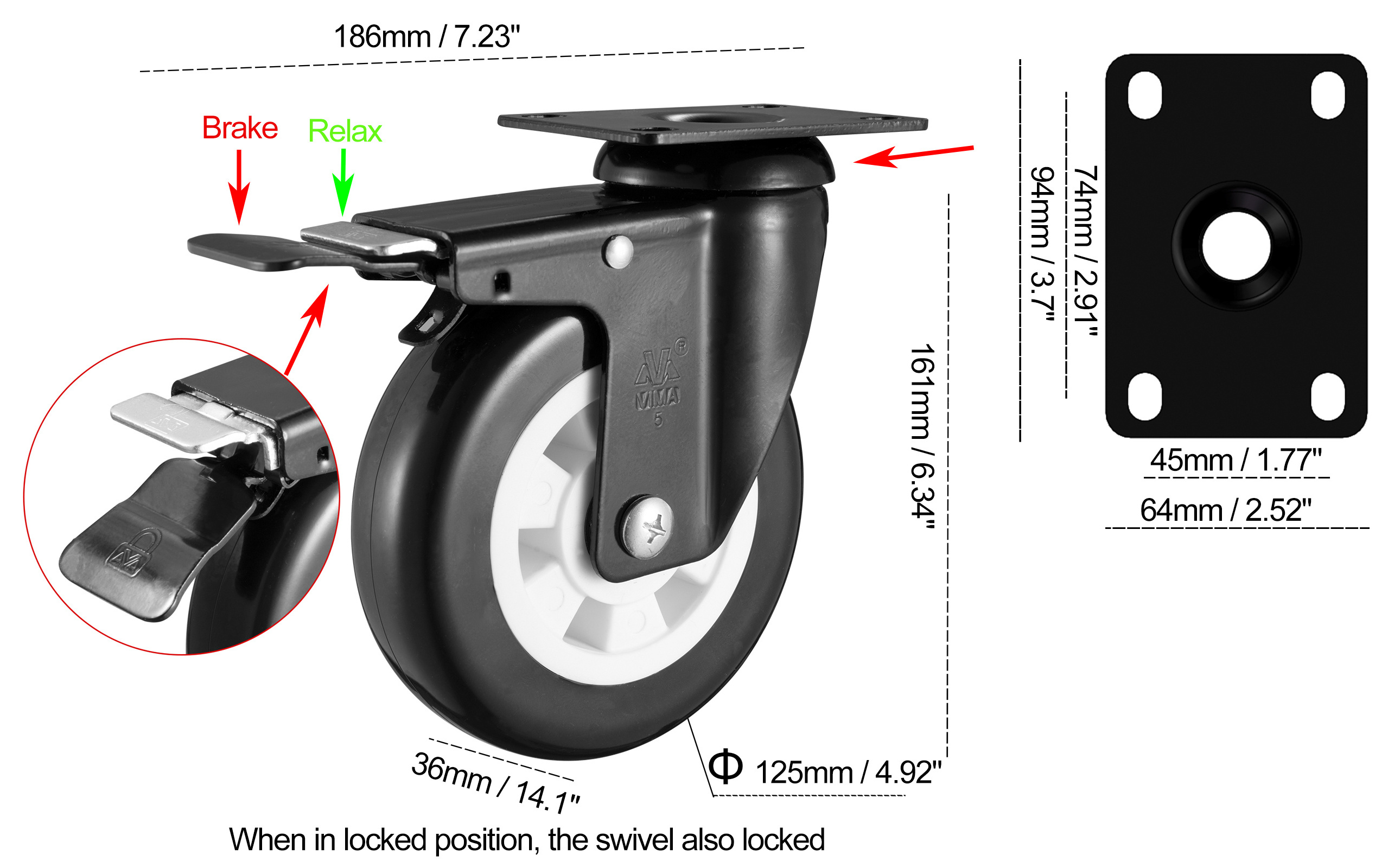 Heavy Duty Plate Castor Wheels 5 Inch PU No Noise Premium Polyurethane Double Ball Bearing Steels Workbench Caster