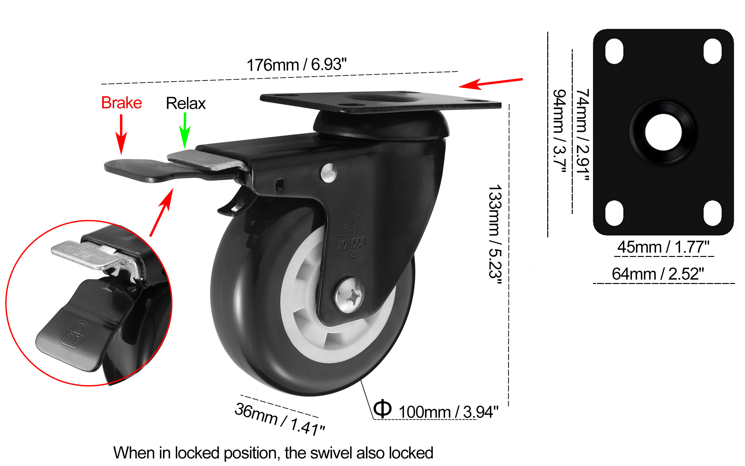 VIMA High Quality PU Single Wheel Caster 4Inch Double Ball Bearing Piano Caster Wheel Heavy Duty