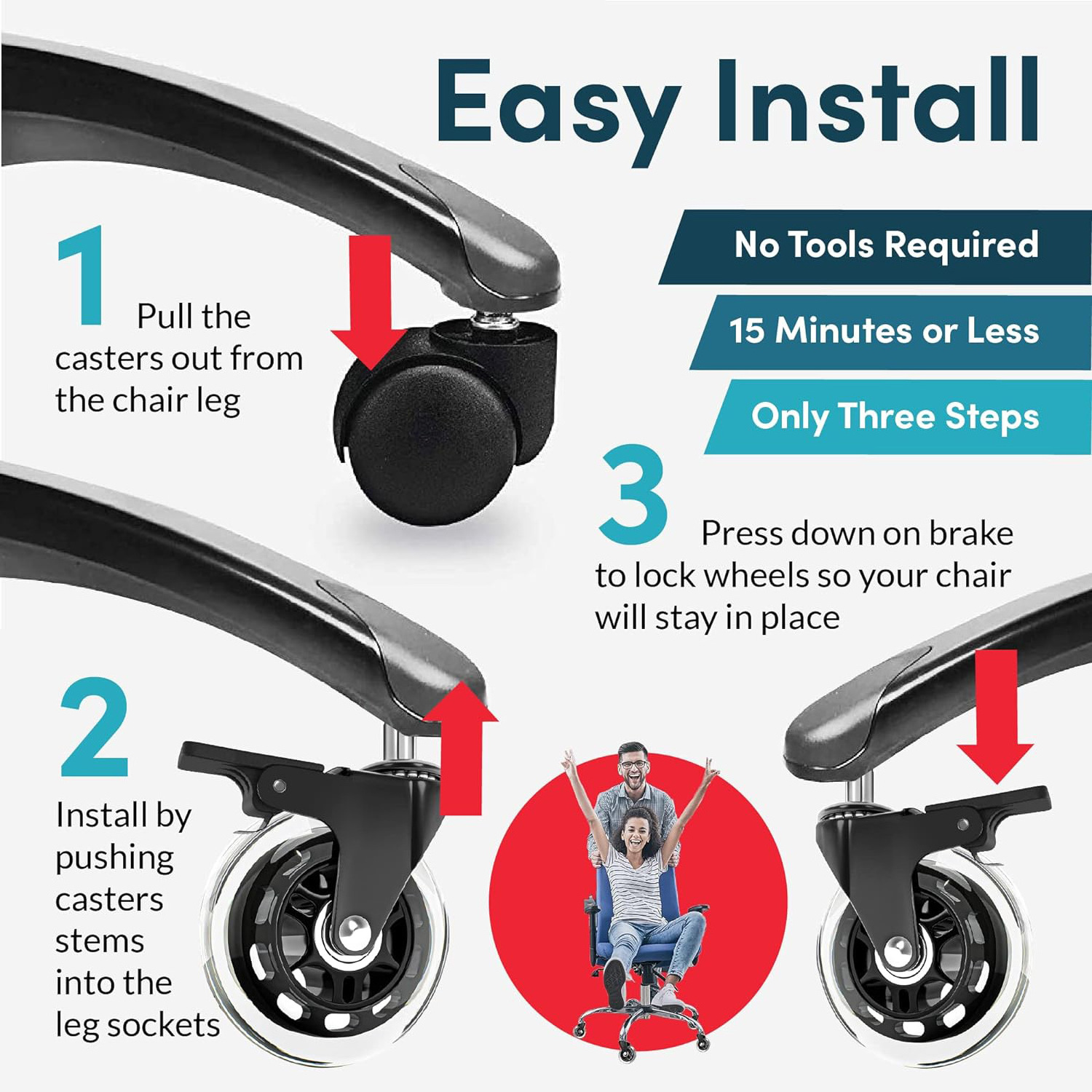 VIMA 3 inch Office Chair Caster Wheels Set of 5 with Brake Smooth Locking Wheels Universal Fit for Most Chairs (Transparent)