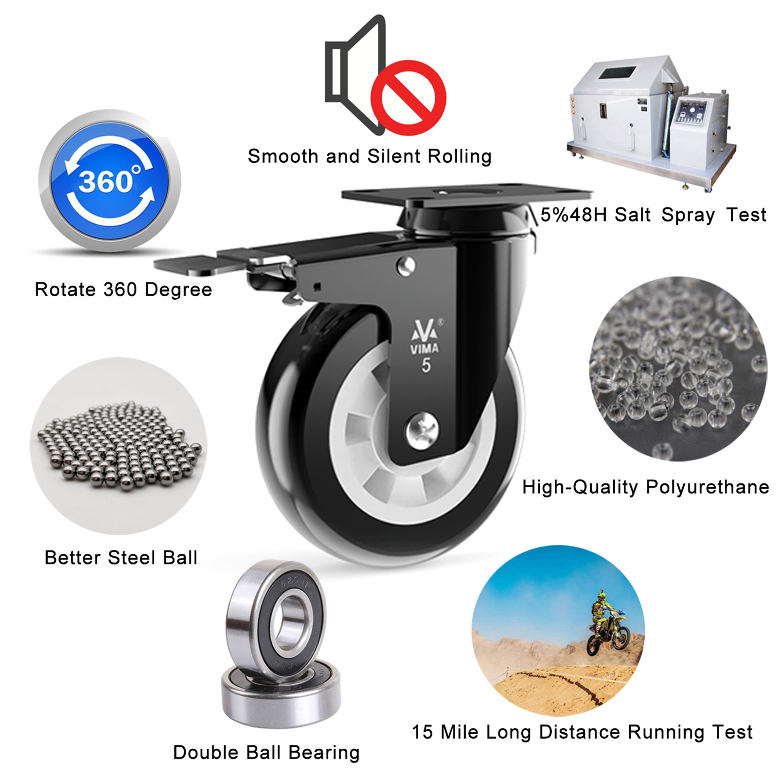 Heavy Duty Plate Castor Wheels 5 Inch PU No Noise Premium Polyurethane Double Ball Bearing Steels Workbench Caster