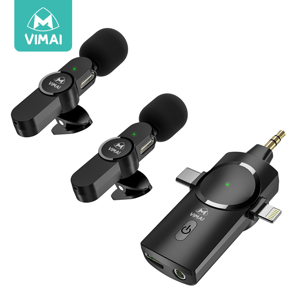 VIMAI Light-weight and easy-to-carry black mini wireless lavalier microphone one 3 in1 plug two microphones suitable for recordi