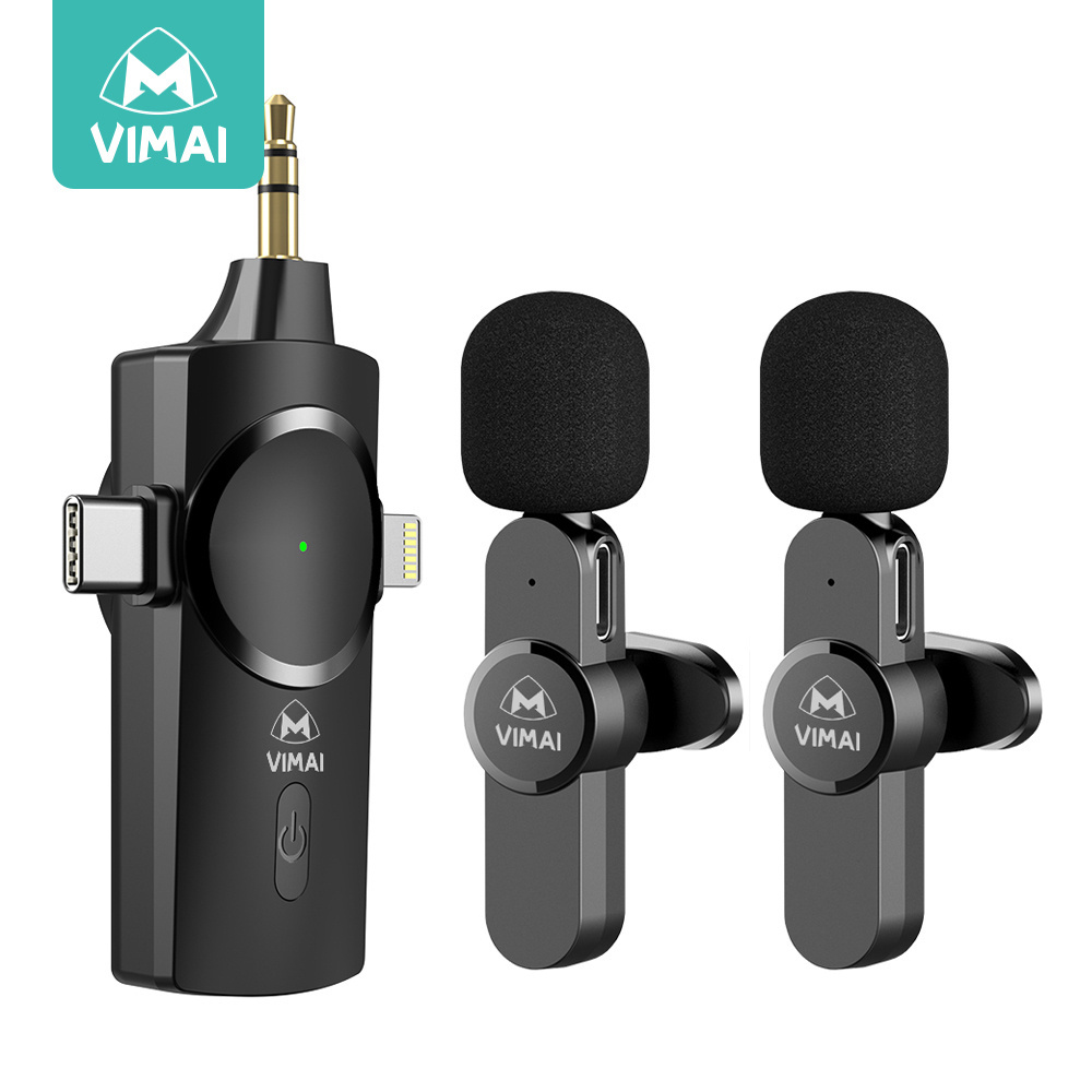 VIMAI Light-weight and easy-to-carry black mini wireless lavalier microphone one 3 in1 plug two microphones suitable for recordi