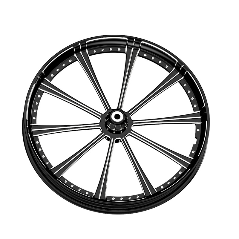 VIMAS motorcycle wheels CNC machining of 30x3.50 inch single disc motorcycle wheel with anodized bright black and white milling