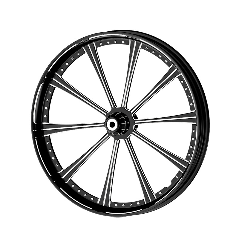 VIMAS motorcycle wheels CNC machining of 30x3.50 inch single disc motorcycle wheel with anodized bright black and white milling