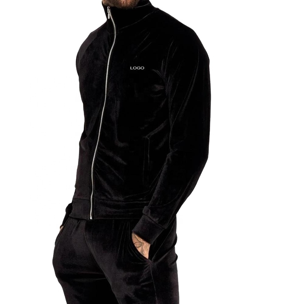 ODM Custom logo Sweat Slim Fitted Blank Stand Collar Mens Velour Tracksuits