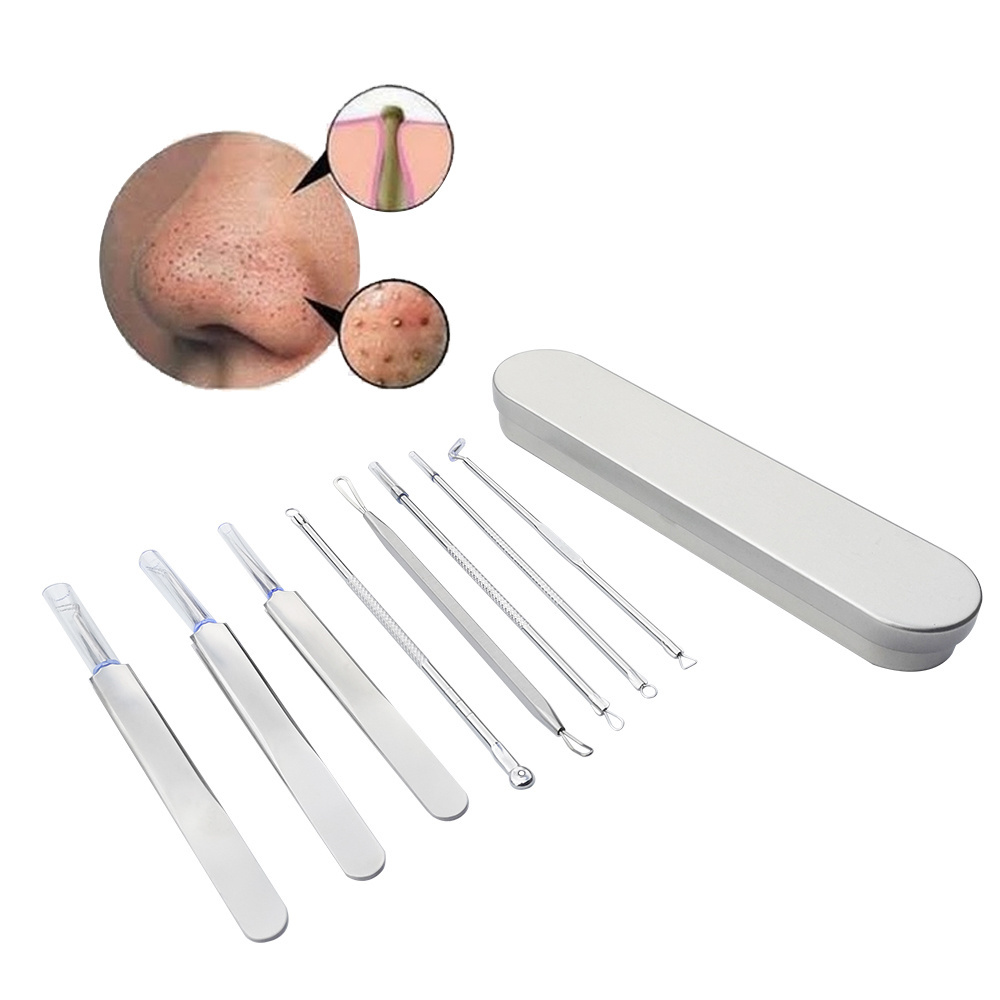 8PCS Blackhead Remover Pimple Tool Kit Acne Tools Comedone Extractor Blemish Whitehead Removal Professional Curved Tweezers