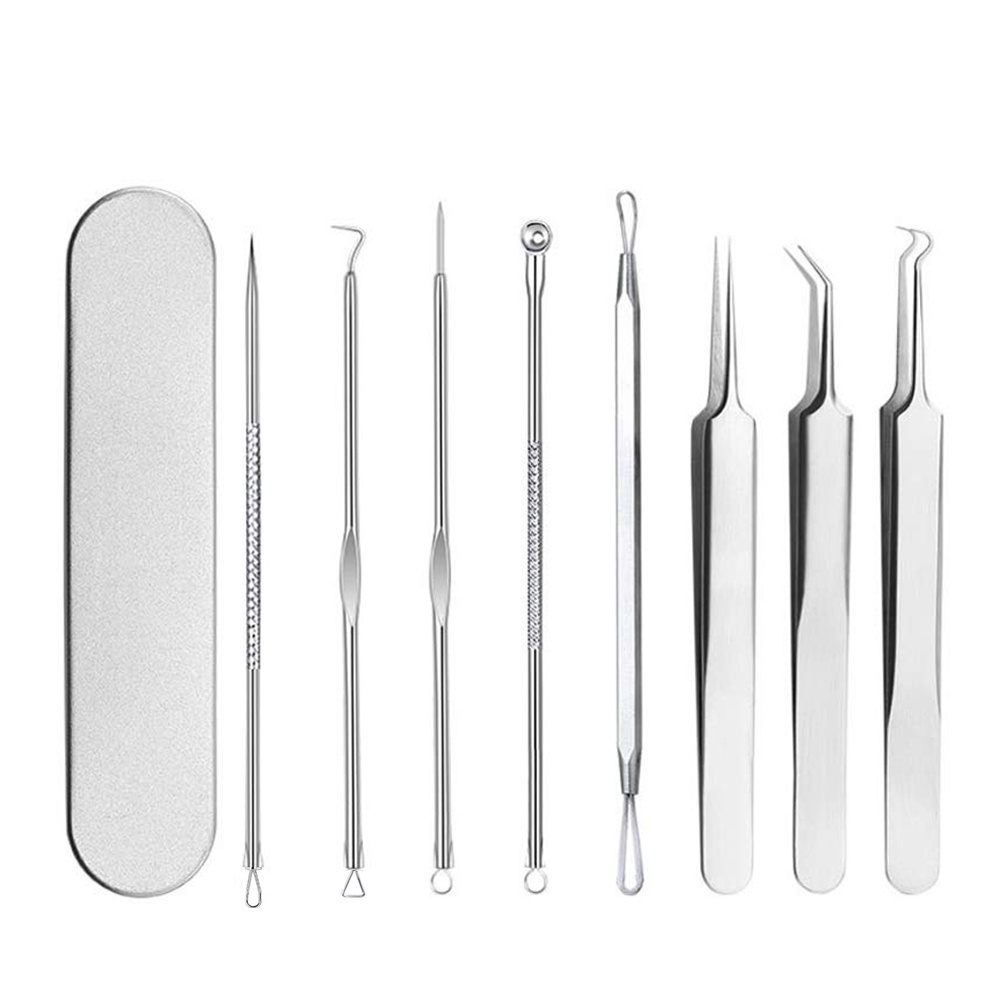 8PCS Blackhead Remover Pimple Tool Kit Acne Tools Comedone Extractor Blemish Whitehead Removal Professional Curved Tweezers