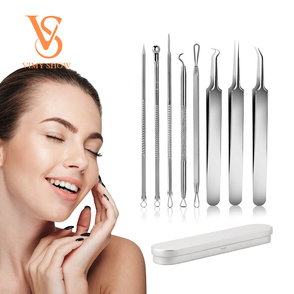 8PCS Blackhead Remover Pimple Tool Kit Acne Tools Comedone Extractor Blemish Whitehead Removal Professional Curved Tweezers