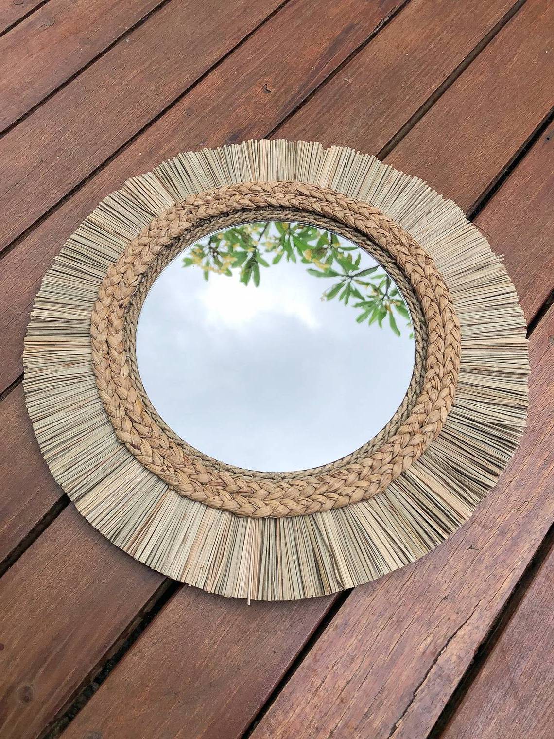 Classic Light Bathroom Furniture Vietnam Round Recycled Pine Wood Decor Bath Wall Mirror