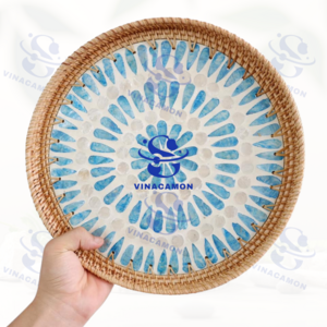 Premium Quality Unique Exotic Unique Round Restaurant Hotel Handmade Mother of Pearl Rattan Serving Tray