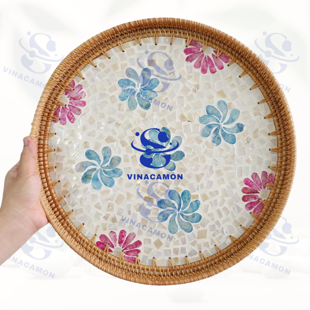 Premium Quality Unique Exotic Unique Round Restaurant Hotel Handmade Mother of Pearl Rattan Serving Tray