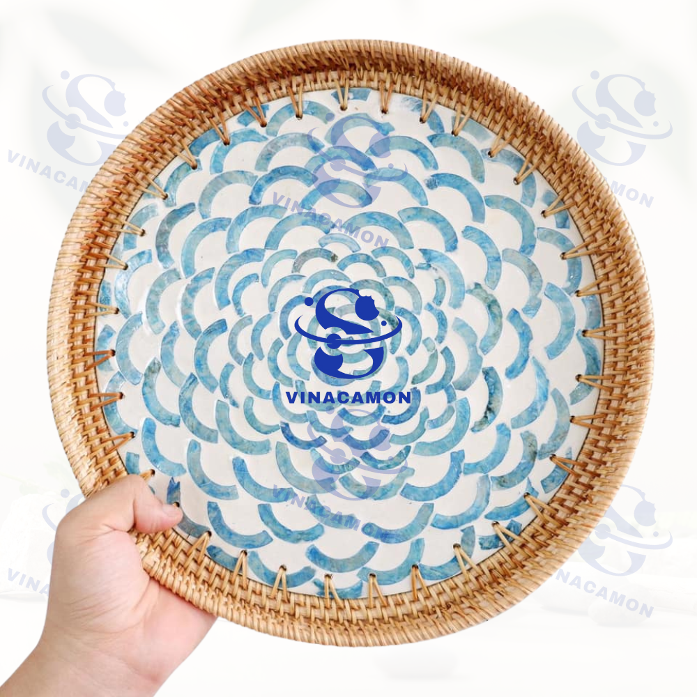 Premium Quality Unique Exotic Unique Round Restaurant Hotel Handmade Mother of Pearl Rattan Serving Tray