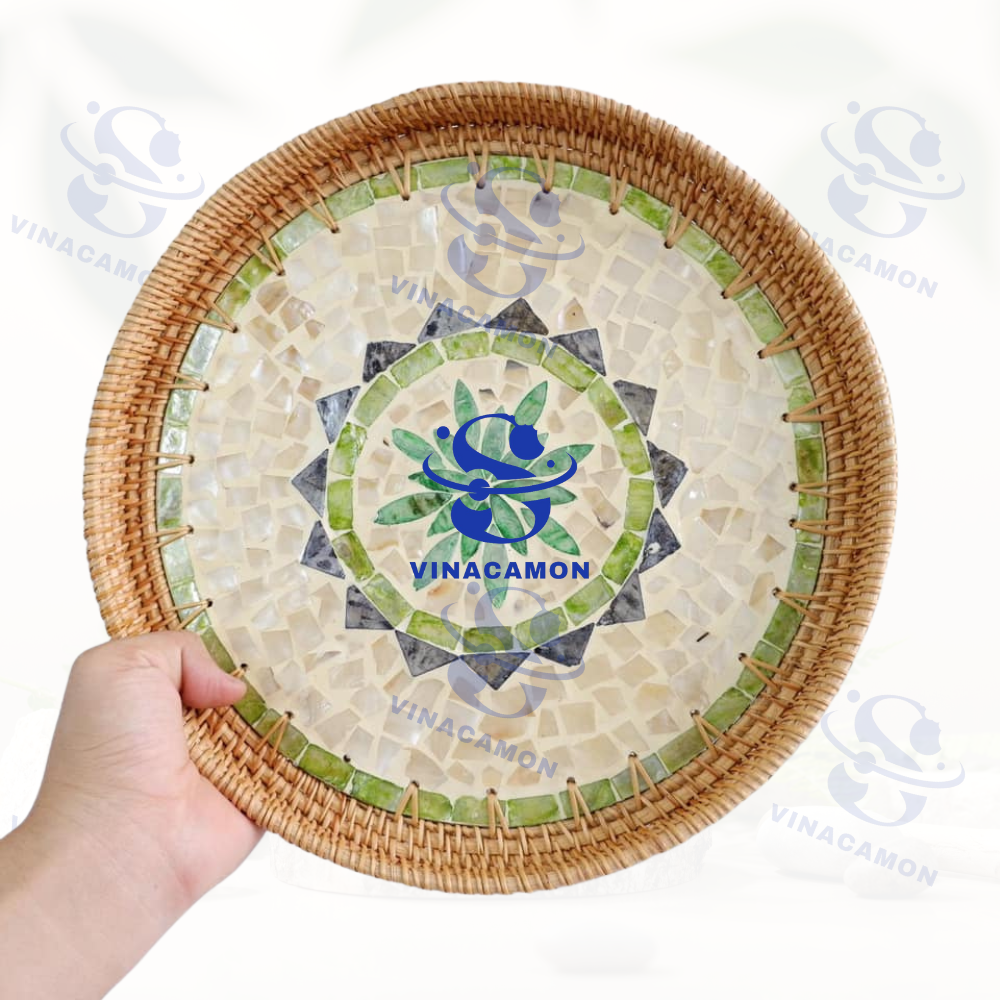 Premium Quality Unique Exotic Unique Round Restaurant Hotel Handmade Mother of Pearl Rattan Serving Tray