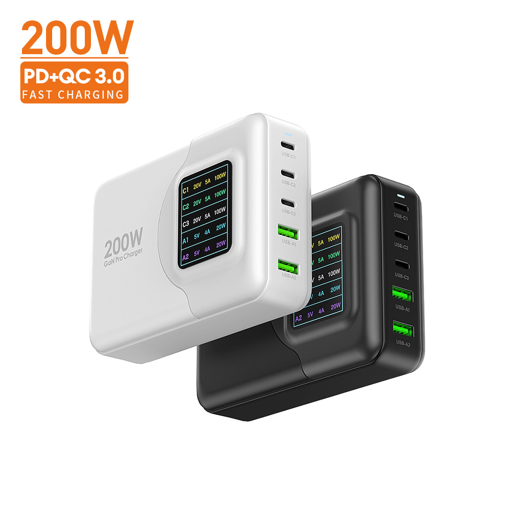 Hot Selling 5 port 2 Usb 3 usb c Charger 3A QC 3.0 mobile Phone Charger adapter 200w portable fast charger for android