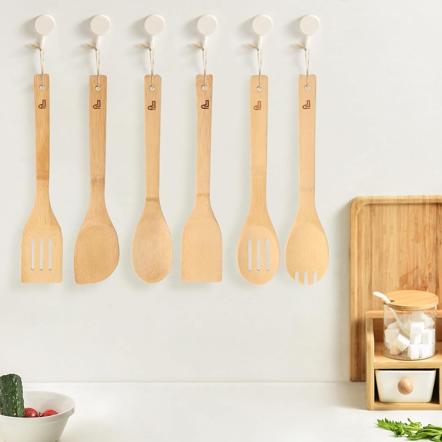 Vietnam Wooden Spoons & Spatulas Set - 6 Pieces Kitchen Cooking Utensils and 1 Holder, Heat Resistant for Non Stick Cookware