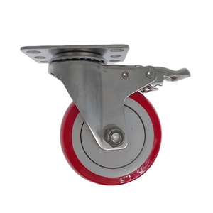 NEW ARRIVAL Stainless Steel Workmanship Red 100mm 4 Inch Ball Bearing PU Polyurethane Rust-proof Caster Wheel for Food service