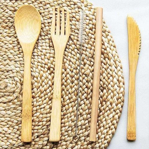 VINAWOCO Amazon Selle Set of 7pcs Natural Bamboo Cutlery Wooden Spoon Utensils Reusable Bamboo Straws Organic Flatware dinnerware sets