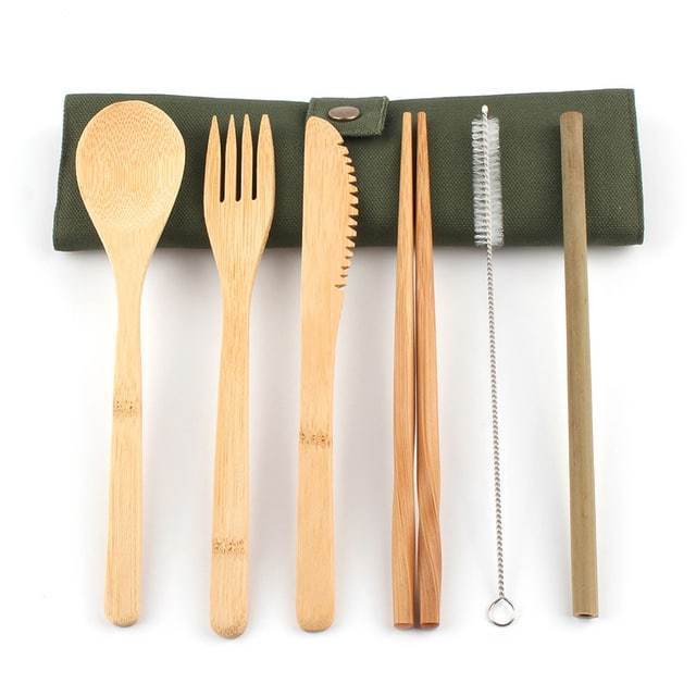 VINAWOCO Amazon Selle Set of 7pcs Natural Bamboo Cutlery Wooden Spoon Utensils Reusable Bamboo Straws Organic Flatware dinnerware sets