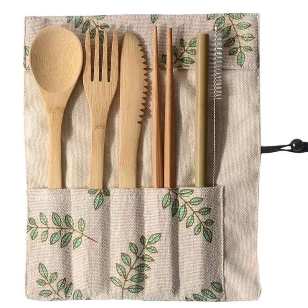 VINAWOCO Amazon Selle Set of 7pcs Natural Bamboo Cutlery Wooden Spoon Utensils Reusable Bamboo Straws Organic Flatware dinnerware sets