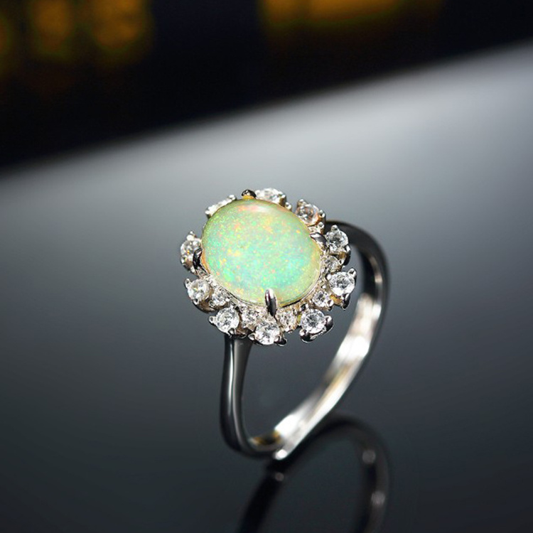 natural opal cabochon stone ring designer jewelry 925 sterling silver 18K white gold plated ladies jewelry ring