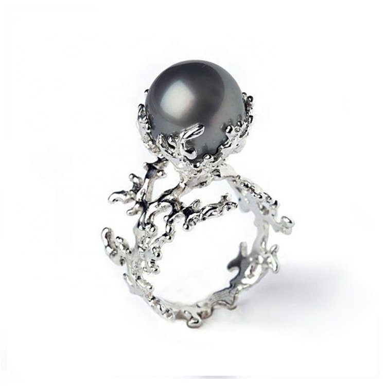 coral shaped ring design with 10 mm round south sea pearl jewelry genuine black pearl in japan 18k gold jewellery for women