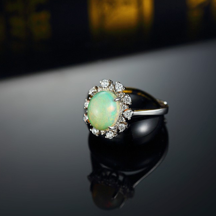 natural opal cabochon stone ring designer jewelry 925 sterling silver 18K white gold plated ladies jewelry ring