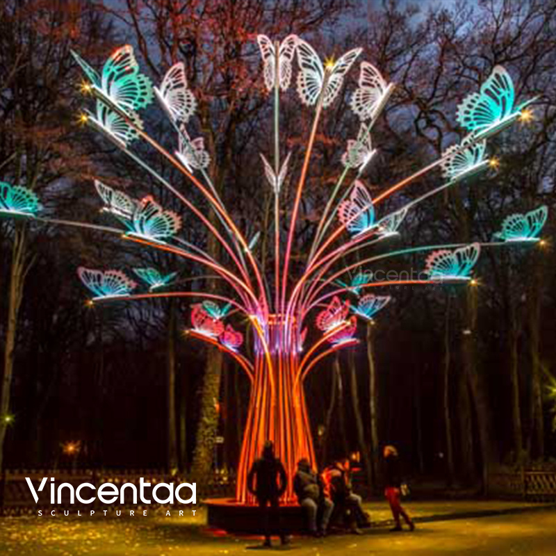 Vincentaa Modern Large Outdoor Sculpture Street LED Lighting Sculpture Butterfly Tree Art Sculpture