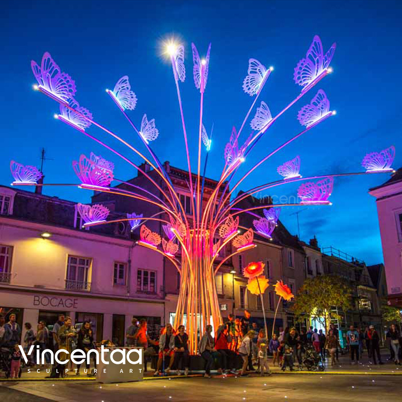 Vincentaa Modern Large Outdoor Sculpture Street LED Lighting Sculpture Butterfly Tree Art Sculpture