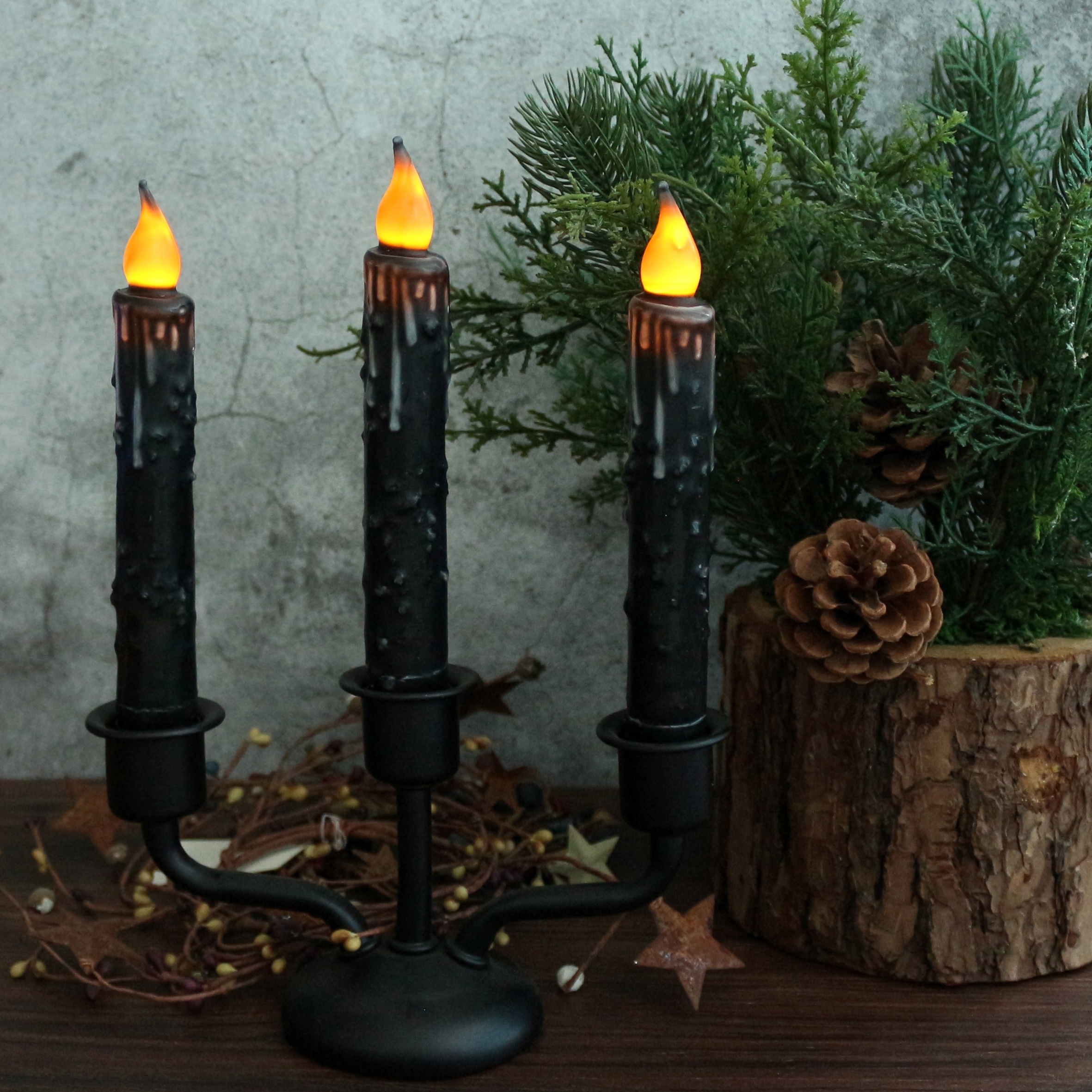 Real Wax Hand Dipped Battery Operated LED Timer Taper Candles Rustic Primitive Flameless Lights Decor, 6-3/4 Inch, Matt Black