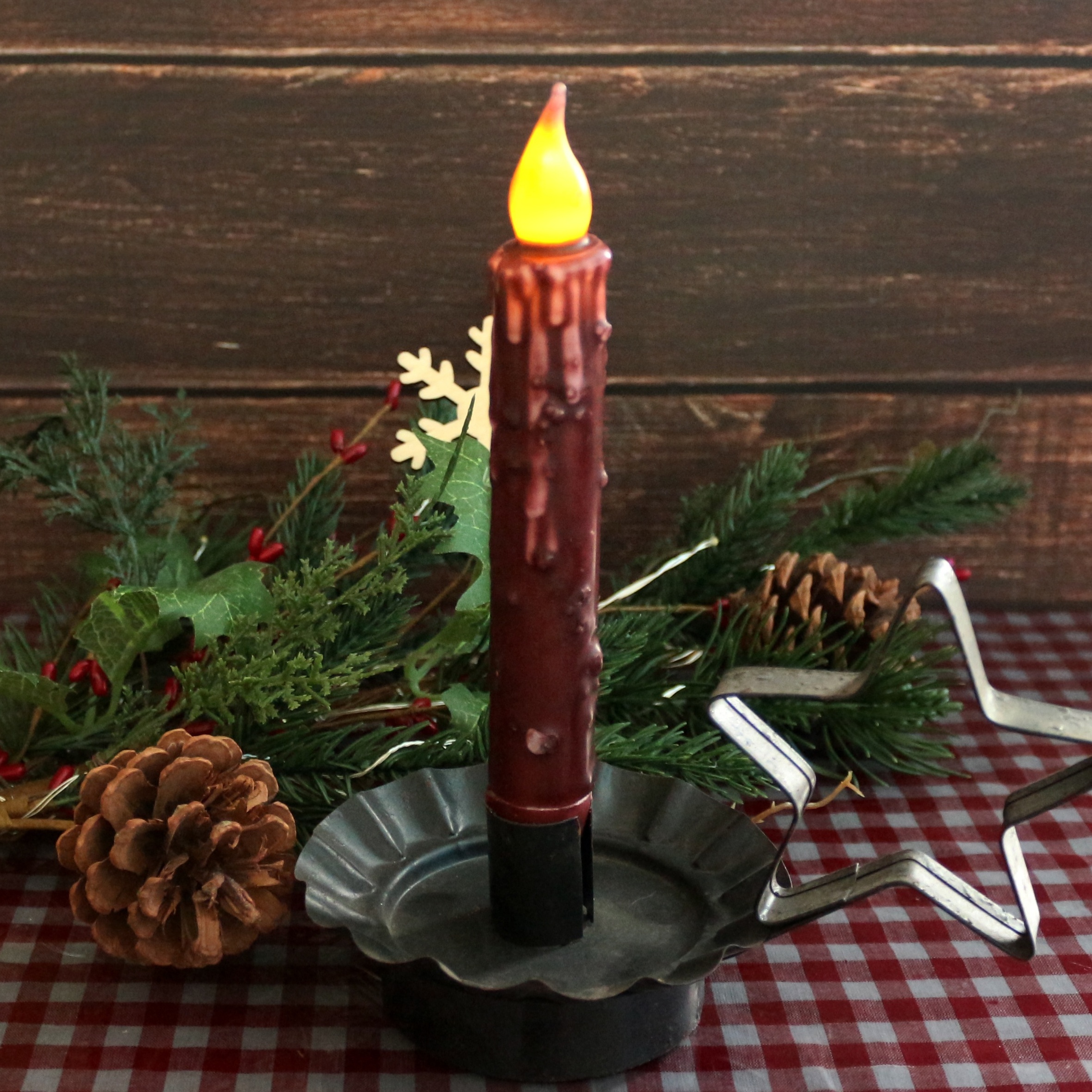 Real Wax Hand Dipped Battery Operated LED Timer Taper Candles Primitive Flameless Candles Supplier, 6-3/4 Inch, Burgundy