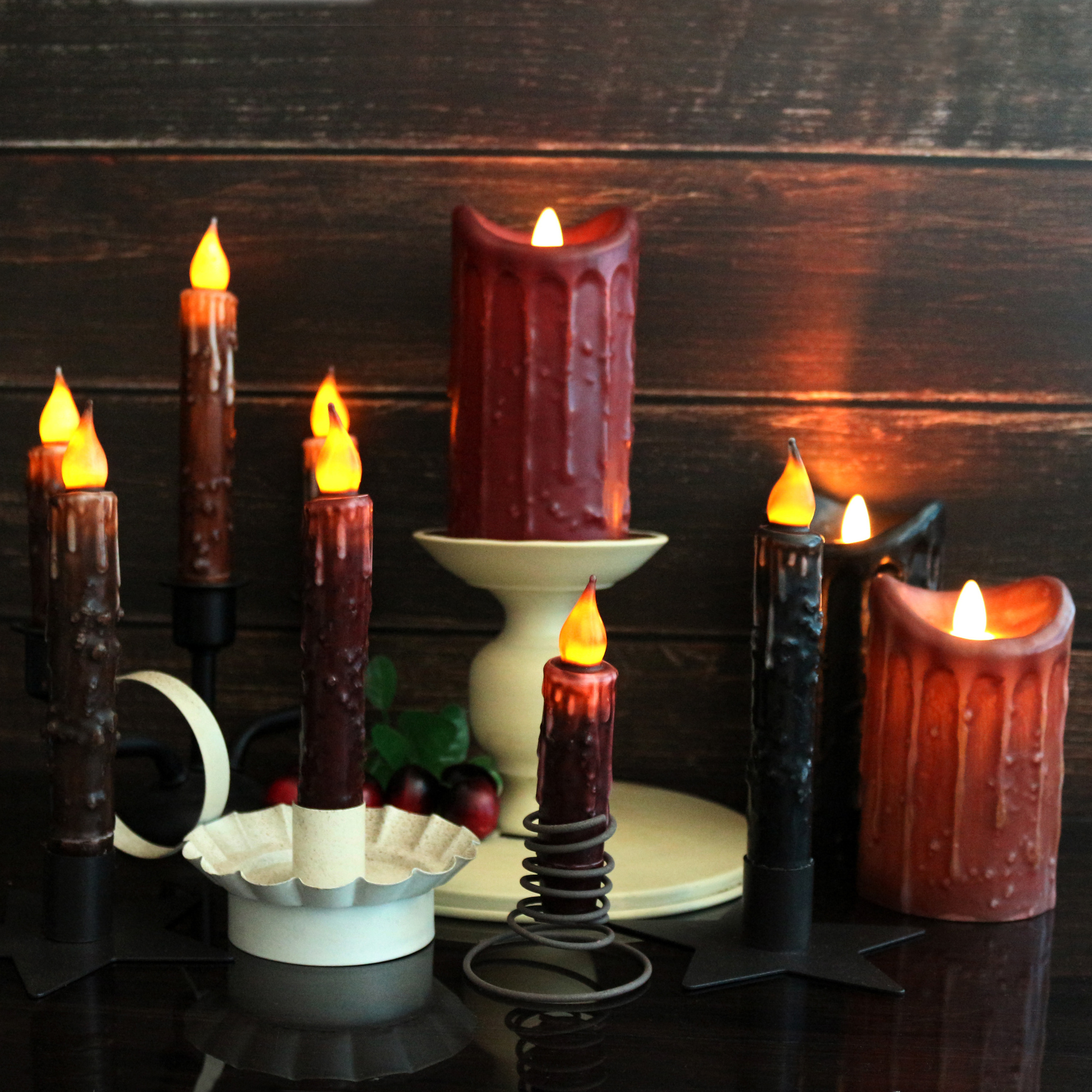 Real Wax Hand Dipped Battery Operated LED Timer Taper Candles Country Primitive Flameless Lights Decor, 6-3/4 Inch, Brown