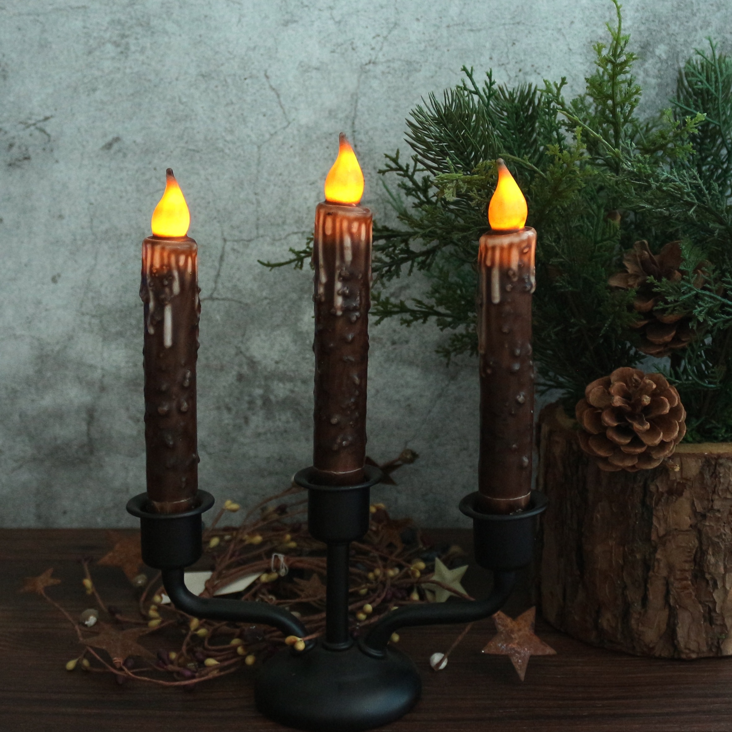 Real Wax Hand Dipped Battery Operated LED Timer Taper Candles Country Primitive Flameless Lights Decor, 6-3/4 Inch, Brown