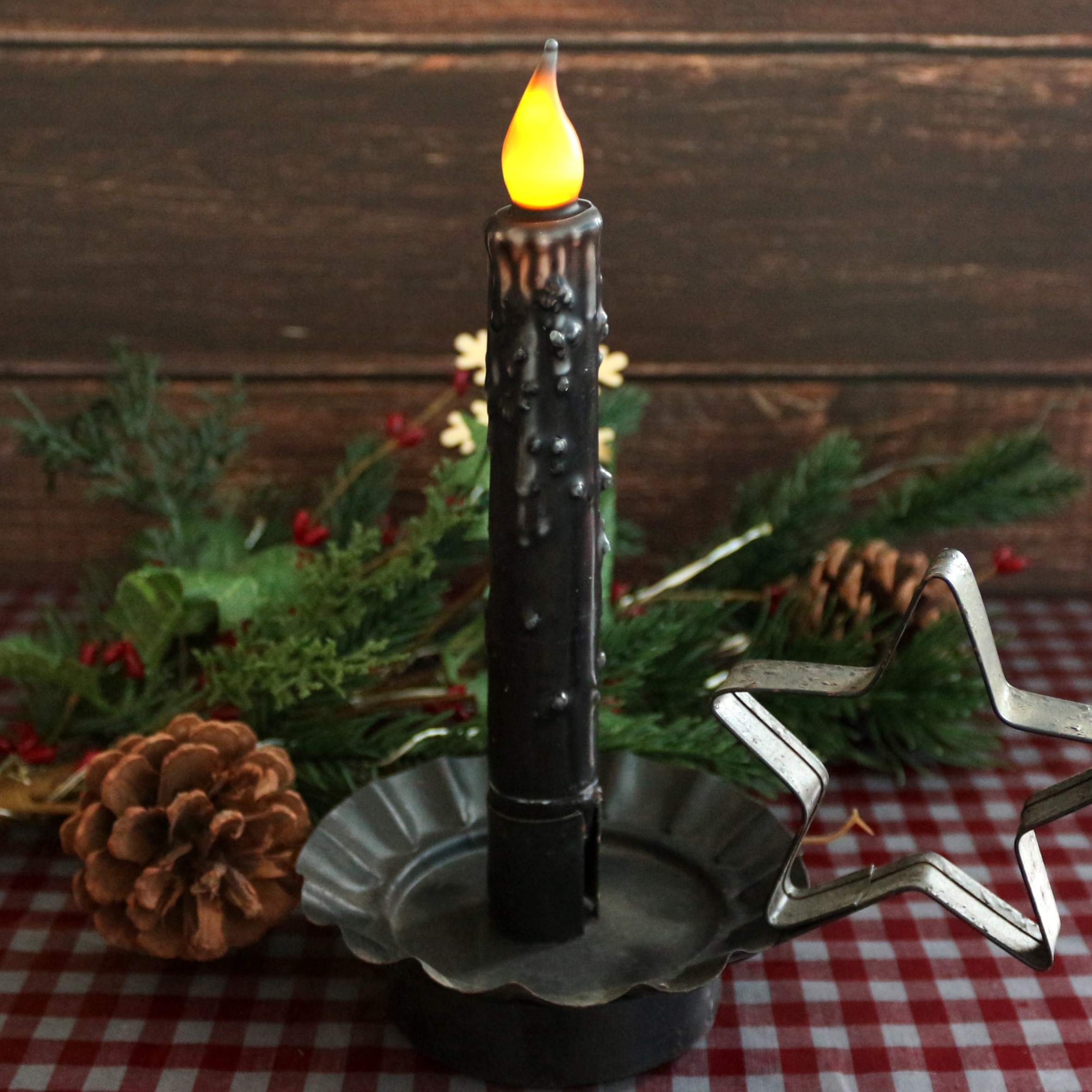 Real Wax Hand Dipped Battery Operated LED Timer Taper Candles Country Primitive Flameless Lights Decor, 6-3/4 Inch, Matt Black