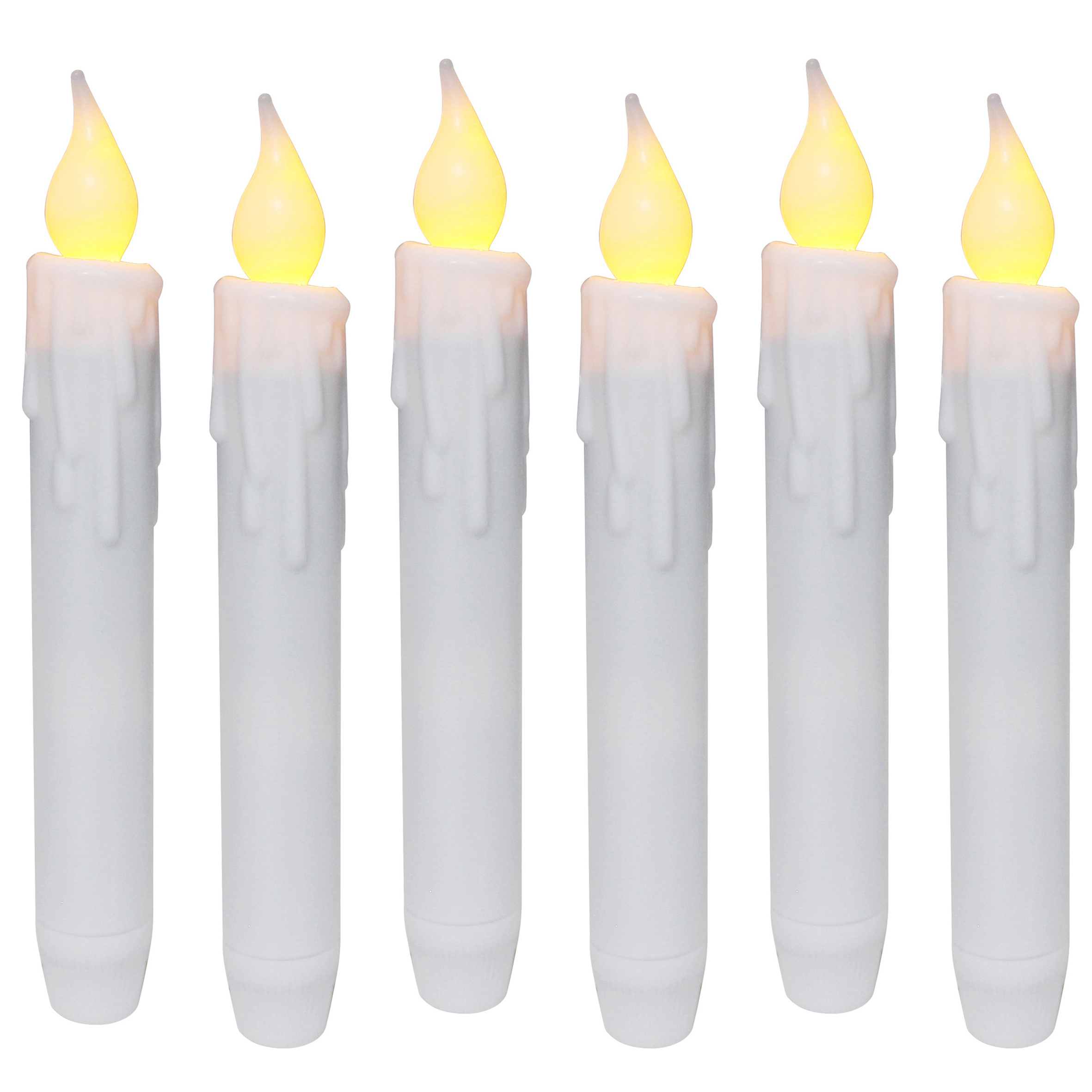 CVHOMEDECO. Flickering Taper Candles LED Drip Flameless Candles, Battery Operated with Timer, White, 6-3/4 Inch, Set of 6