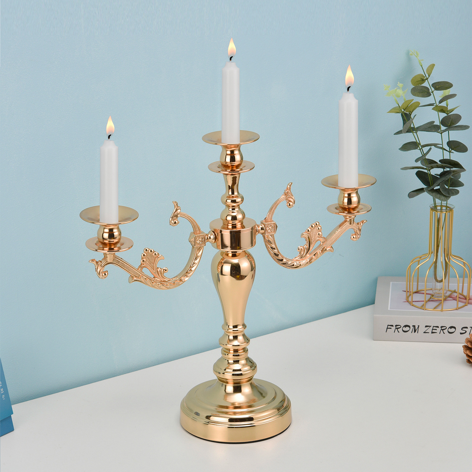 3 Arms Gold Black Candlesticks Taper Candle Holders Wedding Party Decoration Dinning Table Centerpieces for Church Votive