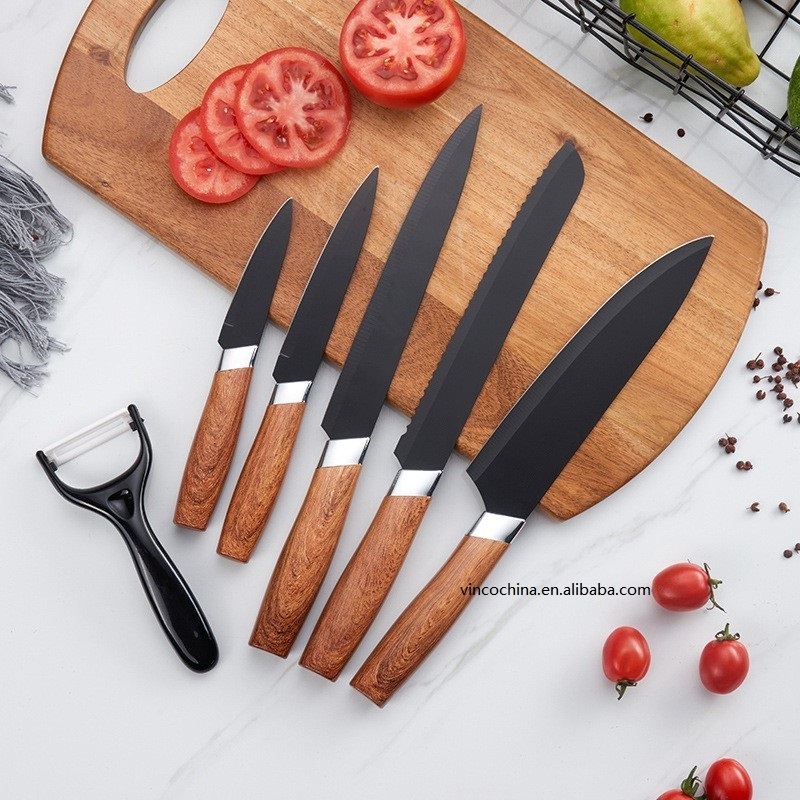 Factory Hot Selling High Quality 5 Pcs kitchen knife with Y peeler Wood Pattern handle kitchen knives stainless steel knife set