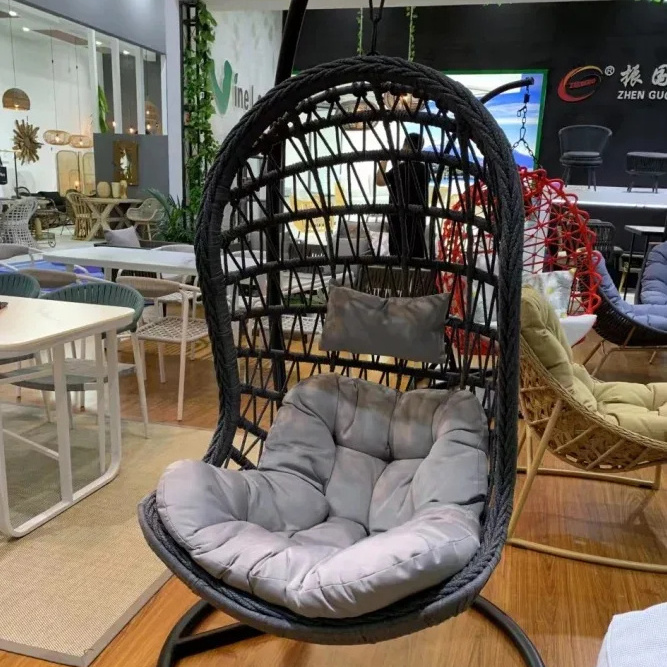 Hot Sale outdoor waterproof double seat hanging egg swing chair with metal stand woven belt indoor outdoor garden furniture