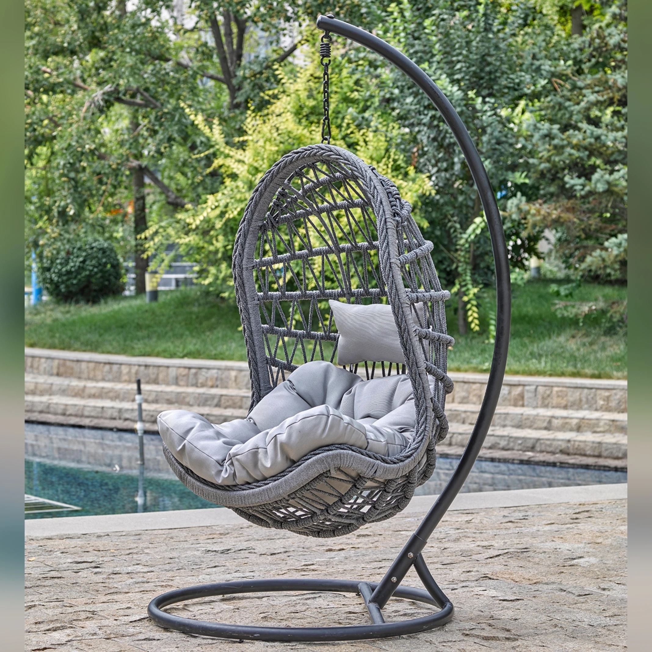 Hot Sale outdoor waterproof double seat hanging egg swing chair with metal stand woven belt indoor outdoor garden furniture