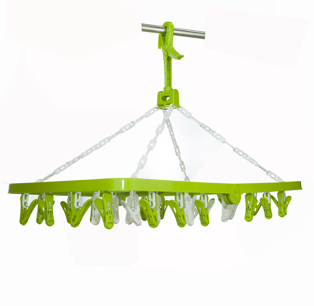 Clothes Drying Hanger with Clips Windproof Plastic Clothes Hanger with 32 Pegs Large Foldable Hangers for Socks Underwear Towel