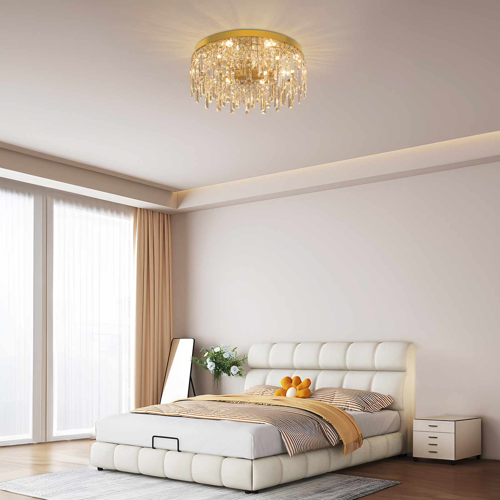 Home Decor Flush Mount Stainless Steel Crystal LED SMD Bulb Round Chandelier Ceiling Light