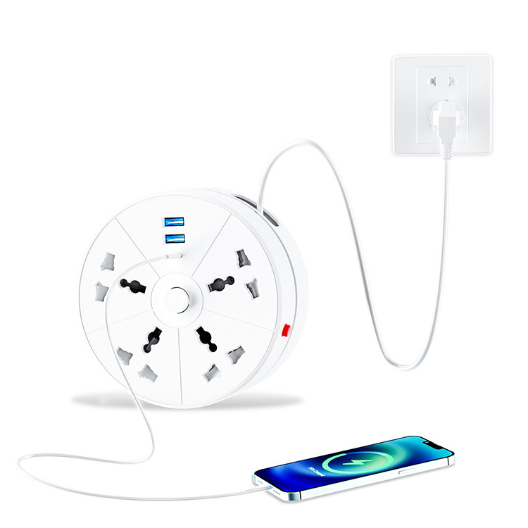 Round Design Universal Retractable Power Strip 4 Outlets 2 USB 1 Type-c Charging With Switch Wall Hook Cable Reel Power Strip