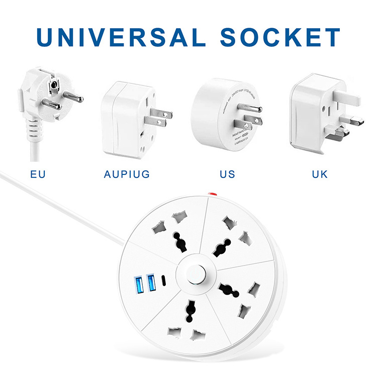 Round Design Universal Retractable Power Strip 4 Outlets 2 USB 1 Type-c Charging With Switch Wall Hook Cable Reel Power Strip