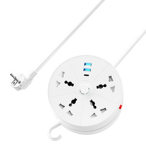 Round Design Universal Retractable Power Strip 4 Outlets 2 USB 1 Type-c Charging With Switch Wall Hook Cable Reel Power Strip