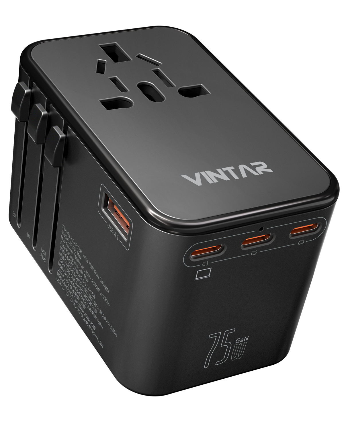 Universal Travel Adapter, VINTAR 75W GaN International Plug Adapter with 3 USB-C PD & 2 USB-A QC, All-in-one Travel Essentials