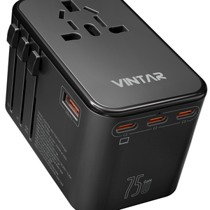 Universal Travel Adapter, VINTAR 75W GaN International Plug Adapter with 3 USB-C PD & 2 USB-A QC, All-in-one Travel Essentials