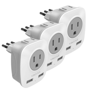 VINTAR 3 Prong Grounded Plug 4 in 1 Outlet Adaptor Dual USB Italy Travel Power Adapter