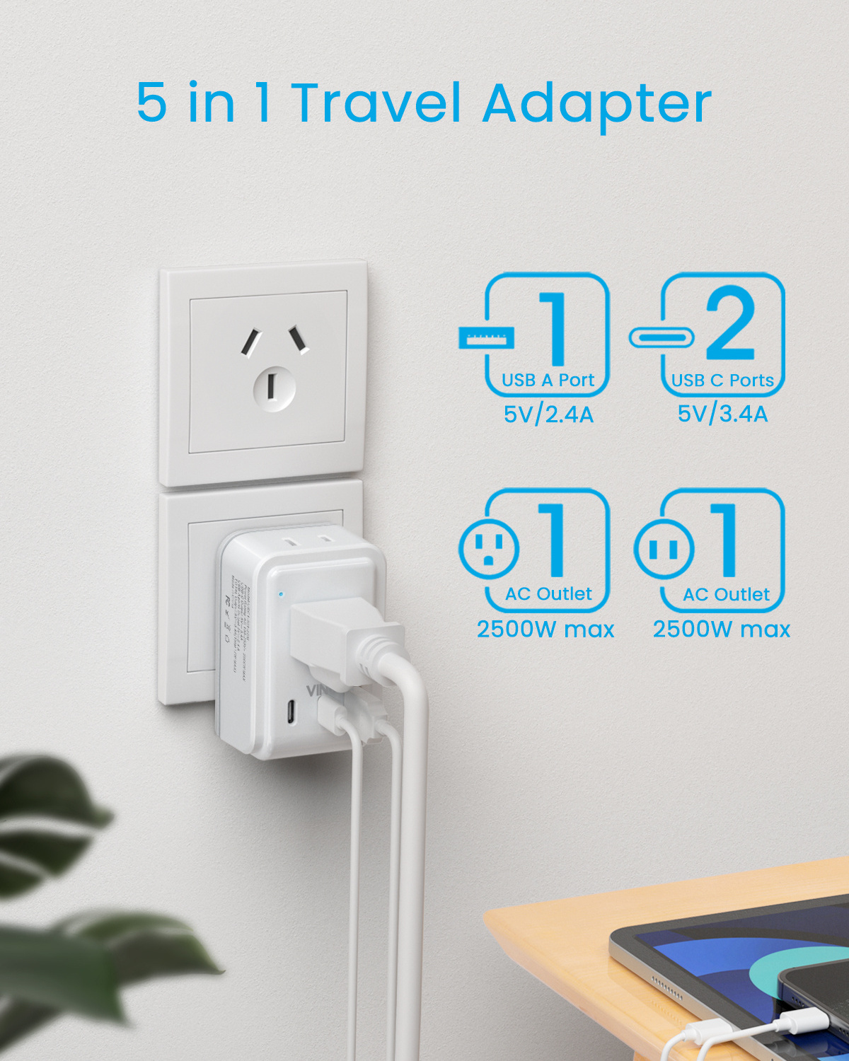 VINTAR Australia New Zealand Power Adapter 5 in 1 Type I Travel Adapter Australia Plug Adapter with 3 USB Ports